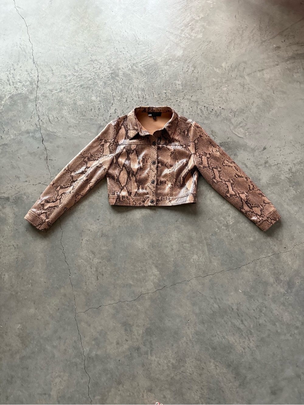Current Air Cropped Snake-Print Jean Jacket in Brown